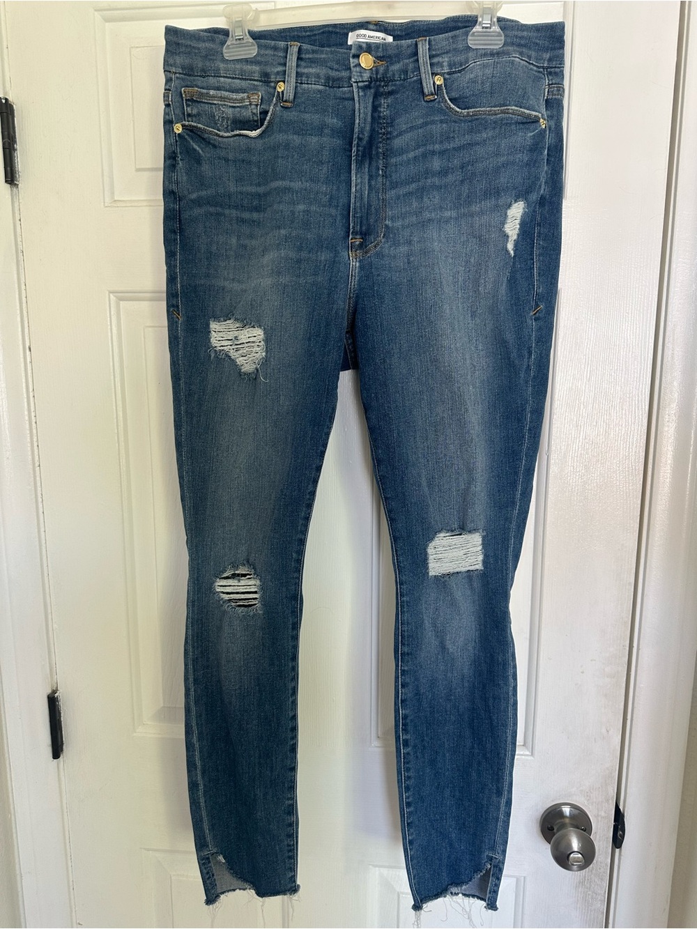 Good American Distressed Good Waist Skinny Jeans in Dark Blue Sz 16